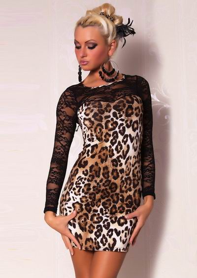 Lepord Print Long Lace Sleeves Mini Dress